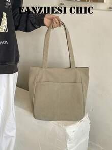 Classic Corduroy Tote Bag, Wide Strap Design For Comfortable Carrying, Front Pocket For Convenient Storage Of Small Items. Soft Bag Shape With Ample Capacity To Hold Books, Water Bottles And More, Fabric With A Relaxed Texture, Suitable For School And Commute, Easily Create A Simple Casual Outfit - Khaki - View 8