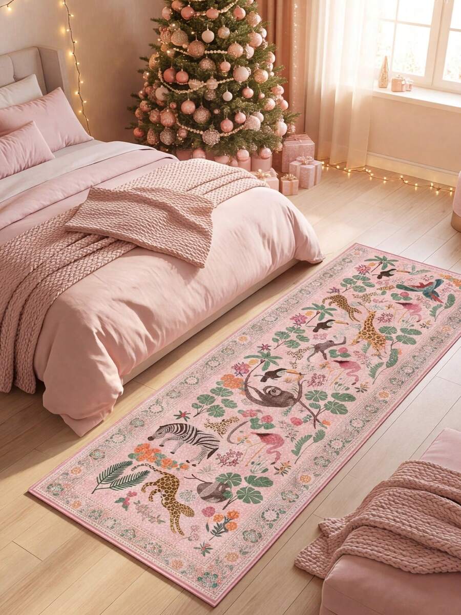 1pc Washable Non-Slip Pink Tropical Rainforest Velvet Runner Rug, Soft Anti-Slip Mat, Machine Washable, Pink Floral & Animal Elements Cozy Design, Creating A Harmonious Natural Scene, Suitable For Living Room, Bedroom, Bedside, Hallway, Dining Room And Other Living Spaces, Perfect Match For Christmas Home Decor, Great Christmas Gift, Rugs, Carpet, Christmas Rug, Christmas Gift/Decor, Rugs Living Room, Rugs For Bedroom, Carpet Living Room, Kitchen Mat, Hallway Runner, Washable Rug, - Multicolor - View 1