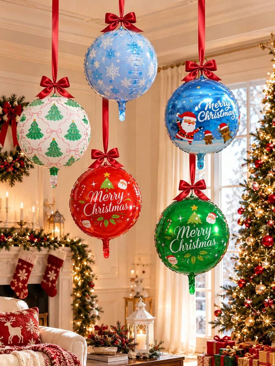3/4/6Pcs/Set DIY Hanging Foil Balloon Set With Red Ribbon Bows, 22-Inch Balloon Featuring Santa Claus & Christmas Tree Designs For Festive Decor (Living Rooms/Shop Windows), Photo Backdrops, Fireplace Party Styling, And Christmas Dinners Or Gathering - Multicolor - View 1