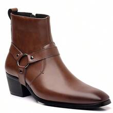New Men's High Heel Leather Boots, Retro Western Cowboy Boots With Metal Buckle Strap And Side Zipper, Elevated Formal Boots, British Style - Brown - View 2