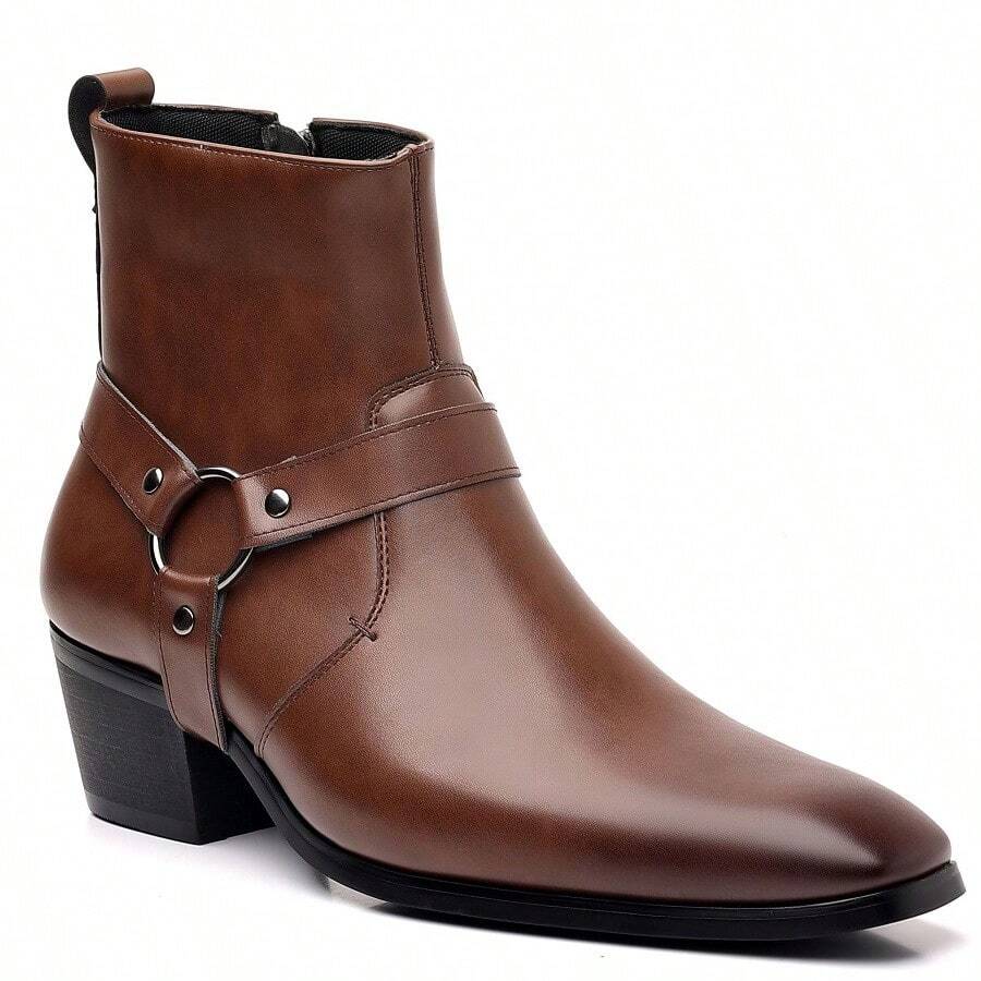 New Men's High Heel Leather Boots, Retro Western Cowboy Boots With Metal Buckle Strap And Side Zipper, Elevated Formal Boots, British Style
