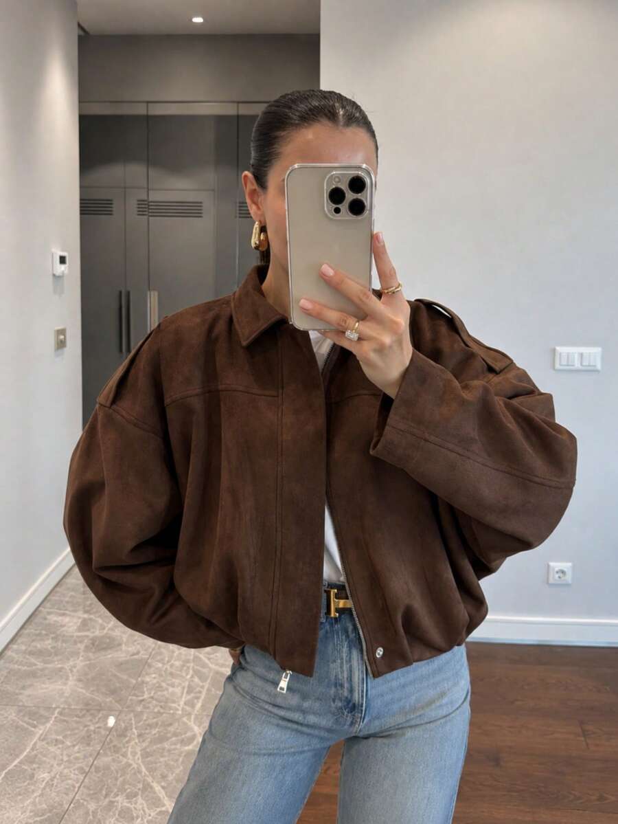 Women's Oversize Women's Suede Jacket Bomber Suede Jacket - Brown - View 1