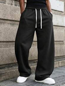 1pc Black Drawstring Straight Leg Men's Long Pants, Men's Casual Sweatpants, Double Layer Elastic Waist With White Braided Drawstring, Casual Sports Style, Home Leisure, Light Sports Jogging, Men's Casual Long Pants - Black - View 7