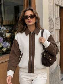Fall Winter Halloween Christmas Women's Colorblock Notch Lapel Loose Fit Ribbed Cuff Cropped Baseball Jacket – Daily Commute & Back To School- - Apricot - View 6