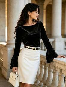 DONICY Women Elegant Velvet Boat Neck Top Double Layer Ruffle Flare Sleeve Loose Fall Blouse - Black - View 1