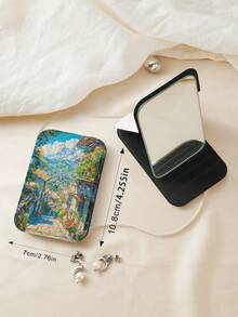 1PC Ins Landscape Series Portable Folding Makeup Mirror, Lightweight Ultra-Thin Convenient Durable PU Leather, Suitable For Various Occasions Travel Party Work School, Suitable For All Ages - Multicolor - View 4