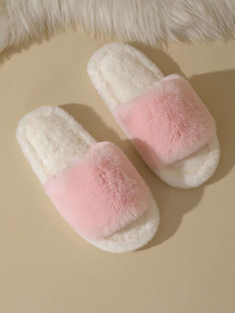純色毛絨一腳蹬室內拖鞋,柔軟長毛平底居家拖鞋 - 粉色 - 查看 1