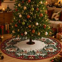 1pc Snowman Red Bird Pine Branch Pattern Christmas Tree Skirt, Elegant Color Holiday Decor, 5 Sizes, Unisex Holiday Gift, Suitable For Home And Party Christmas Home Decoration - Snowman Red Bird Pine Branch - View 2