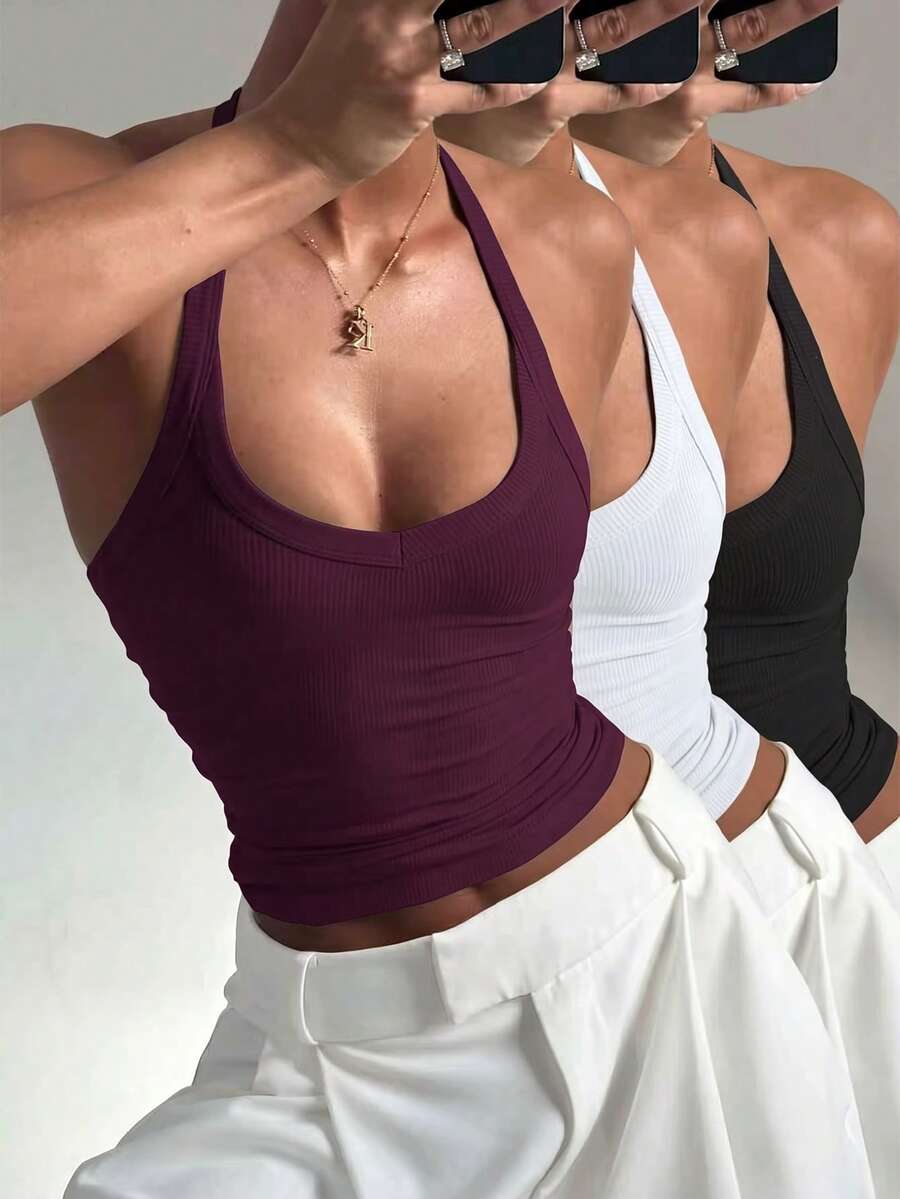 3pcs/Set Women's Casual Sexy Versatile Ribbed Spaghetti Strap Camisole Combo, Spring/Summer - Black, White and Purple - View 1