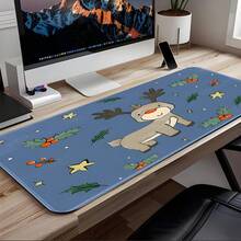 1pc Blue Cute Reindeer Christmas Extra Large Extended Mouse Pad, With Holly And Star Print, Non-Slip Rubber Bottom, Stitched Soft Cloth Keyboard Desk Mat, Suitable For Gaming, Office Decor And Christmas Gift - View 7