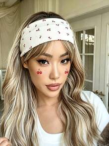 1pc Korean Style Fresh Cherry Striped Wide Headband, Multi-Color Knitted Elastic Fabric Hairband, Non-Slip Hair Accessory For Girls, Home Makeup And Skincare - Multicolor - View 2