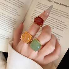 3pcs/Set Women's Colorful Resin Gemstone Rings, Gold Claw Set Large Bead Personalized Rings, Vintage Fashion Party And Daily Wear Jewelry - Multicolor - View 6
