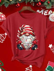 Plus Size Women's Casual Graphic Tee Print Daily Tops Crew Neck Short Sleeves Cute Christmas Santa Festival T-Shirts - Red - View 1