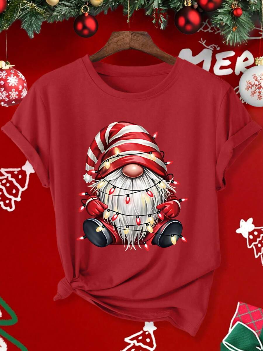 Plus Size Women's Casual Graphic Tee Print Daily Tops Crew Neck Short Sleeves Cute Christmas Santa Festival T-Shirts - Red - View 1