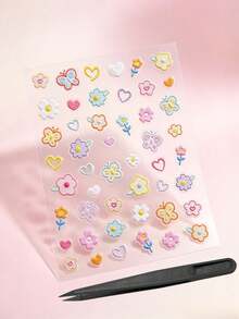 1Set 5D Embossed Decor Stickers, Colorful Flower Butterfly Heart Pattern, Self-Adhesive Decals, Cute Floral Decor, Bonus Tweezers Included, Metal Stickers, Phone Stickers For Decoration - Dopamine-colored Small Flowers - View 6