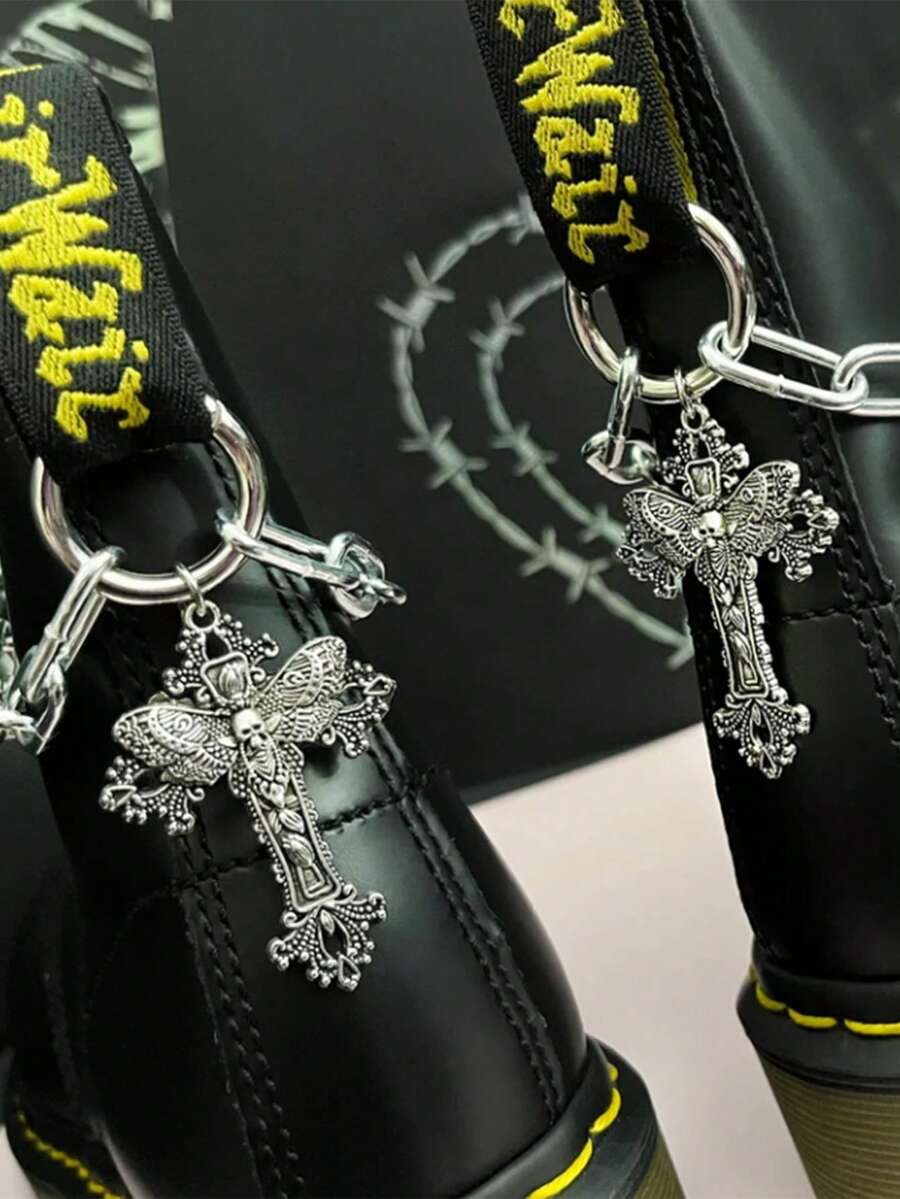 2pcs Men's Silver Metal Anklets With Skull, Butterfly, Cross Pendant Design, Dark Gothic Style, Suitable For Party And Gathering Wear - Multicolor - View 1