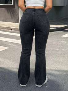 Women's Plus Size Denim Flare Leg Pants, Original Color Wash, Long Pants With Zipper And Pockets, Mid-Stretch, Daily Wear - Black - View 3