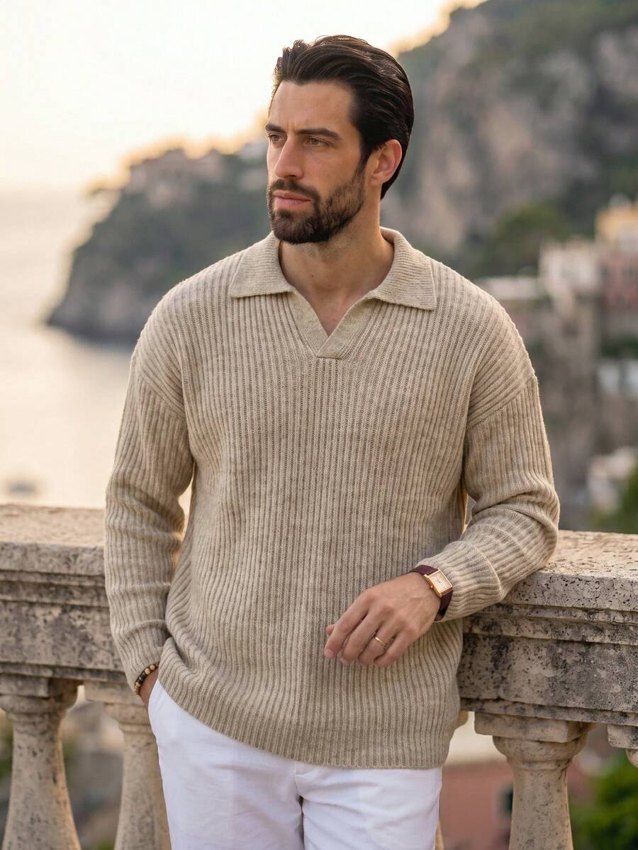 Men's Fashion Casual Holiday Daily Commute Home Versatile Pullover Sweater, Loose Fit Ribbed Solid Color Minimalist Knit Top, Long Sleeve Turn-Down Collar, Autumn/Winter - Khaki - View 1