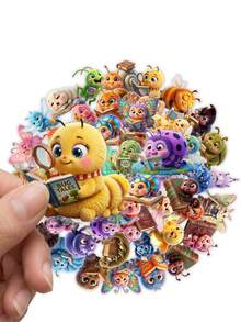 50Pcs Cartoon Reading Bug Stickers, Furry Bee, Butterfly & Caterpillar Decals, PVC Waterproof Self-Adhesive Stickers For Planner & Diary - Multicolor - View 4