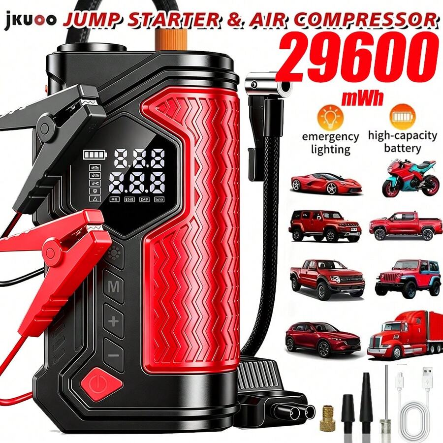 jkuoo Portable Wireless Car Battery Jump Starter With Tire Inflator - Power Bank, LED Display, Flashlight, USB Type-C Charging, Suitable For Cars, Bicycles, Motorcycles, Sports Balls