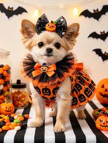 Halloween Pumpkin Print Dog Dress, Matching Bow And Ruffled Collar Set, Cute Orange And Black Halloween Costume, Lantern Pattern, Party Pumpkin Dress, Glittery Pumpkin Bow Hair Clip And Glittery Mesh Ruffled Collar - Multicolor - View 2