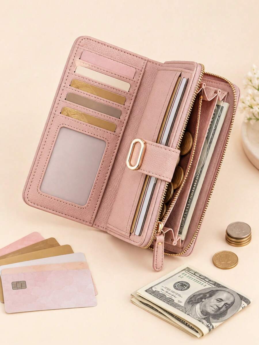 1PC Women's Short Wallet, PU Leather Zipper Coin Purse With Buckle, Multi Card Slots & Cash Compartment, Compact Everyday Wallet For Travel - Multicolor - View 1