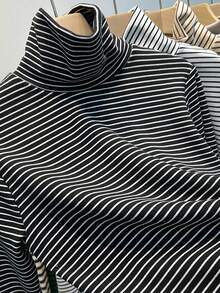Áo thun nữ cổ cao tay dài kẻ sọc đen trắng, vải polyester co giãn vừa, đồ mặc hằng ngày mùa thu thiết yếu - màu đen - Xem 10