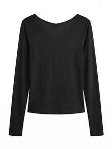 Korean Style Minimalist Versatile Semi-Sheer V-Neck Long Sleeve T-Shirt Top - Black - View 3