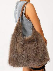 Women's Solid Color Faux Fur Hobo Shoulder Bag, Adjustable Strap, Large Capacity Tote Handbag, Casual Fashion, Autumn/Winter Daily Commute Style - Khaki - View 5