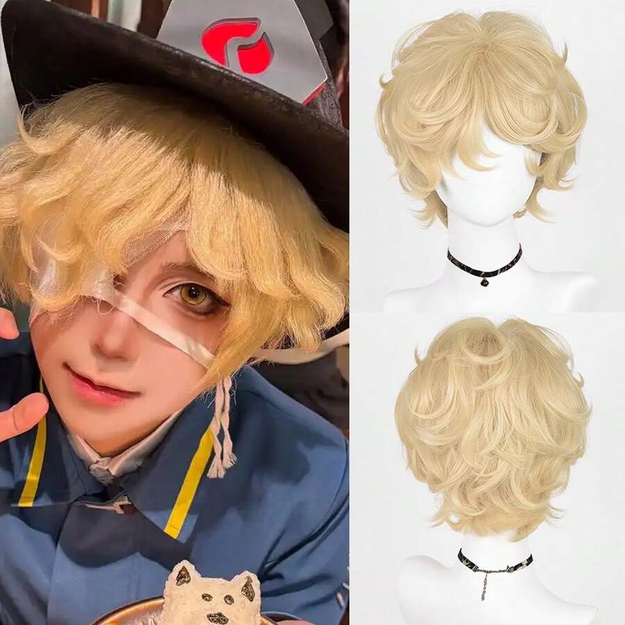 Synthetic Short Wavy Gold Men Wigs With Bangs Blonde Anime Game Cosplay Fluffy Heat Resistant Wig For Daily Party - Gold - View 1