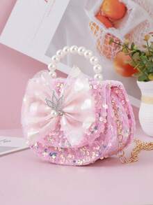 1pc Mini Kids Shiny Sequin Crown Mesh Bow Decor Flap Casual Handbag Chain Crossbody Bag Coin Purse For Girls, Suitable For Daily Outings And Holiday Use - Pink - View 3