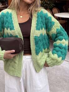 Just Masa Women's Autumn/Winter Casual Colorblock V-Neck Knit Cardigan, Loose Long Sleeve Ribbed Knit Jacket, Suitable For Daily Wear, Outings, Halloween, Travel - Green - View 8
