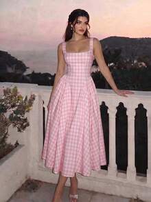 Dirp Noir Women's Elegant Plaid Square Neck Wide Strap Ruched Midi Dress, Suitable For National Day, Graduation, Back To School, Party - Baby Pink - View 5
