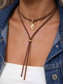1pc Western Farm Style Women's Leather Y-Shaped Necklace, Suitable For Daily Commute, Party Gathering, Casual Vacation Wear - Brown - View 1