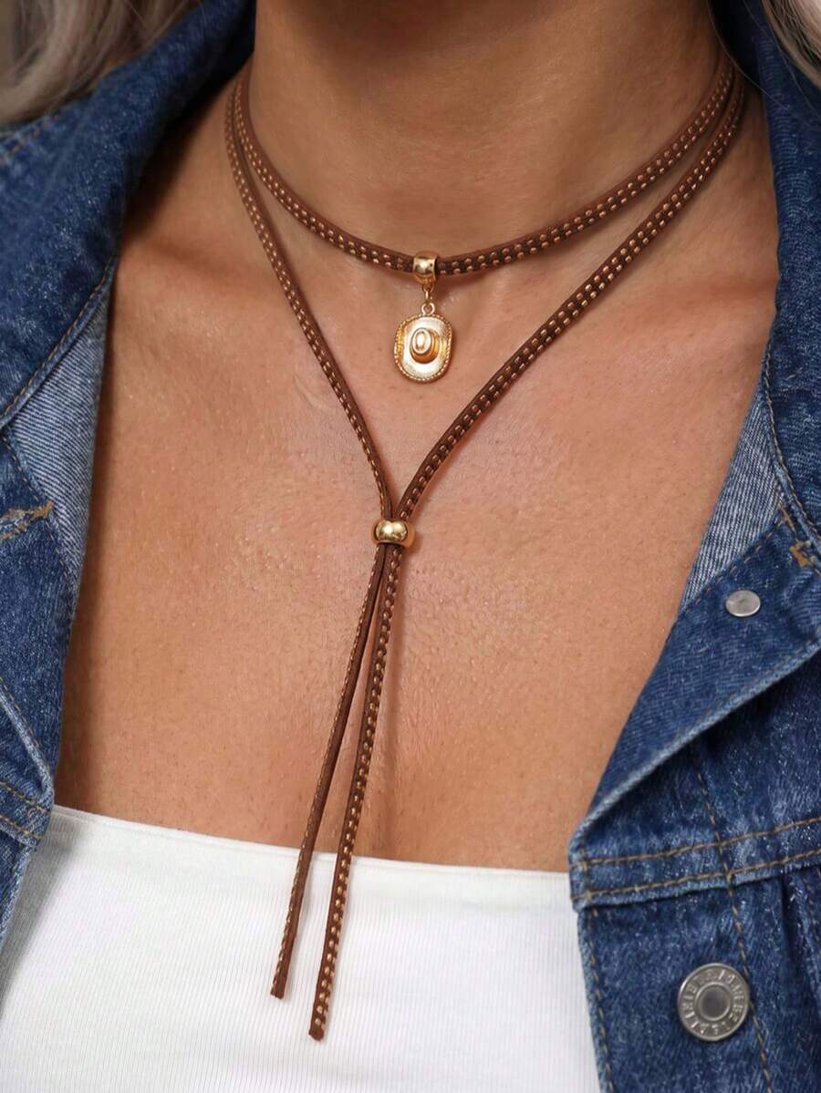 1pc Western Farm Style Women's Leather Y-Shaped Necklace, Suitable For Daily Commute, Party Gathering, Casual Vacation Wear - Brown - View 1