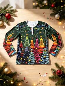 Men's Autumn/Winter Christmas Atmosphere Personalized Line Christmas Tree Print Button Long Sleeve T-Shirt - Multicolor - View 5