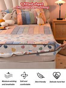1 buah Sprei Kasur Pas Motif Salju Tebal Lembut Bernapas untuk Musim Gugur/Dingin (Sprei Kasur Pas Ukuran Tunggal), Hangat Seketika, Menyerap Kelembapan, Anti Selip, Mudah Dilepas dan Dapat Dicuci dengan Mesin, Cocok untuk Semua Musim, Tinggi 30cm, Ideal untuk Dekorasi Kamar Tidur - Garis-garis berwarna - View 6