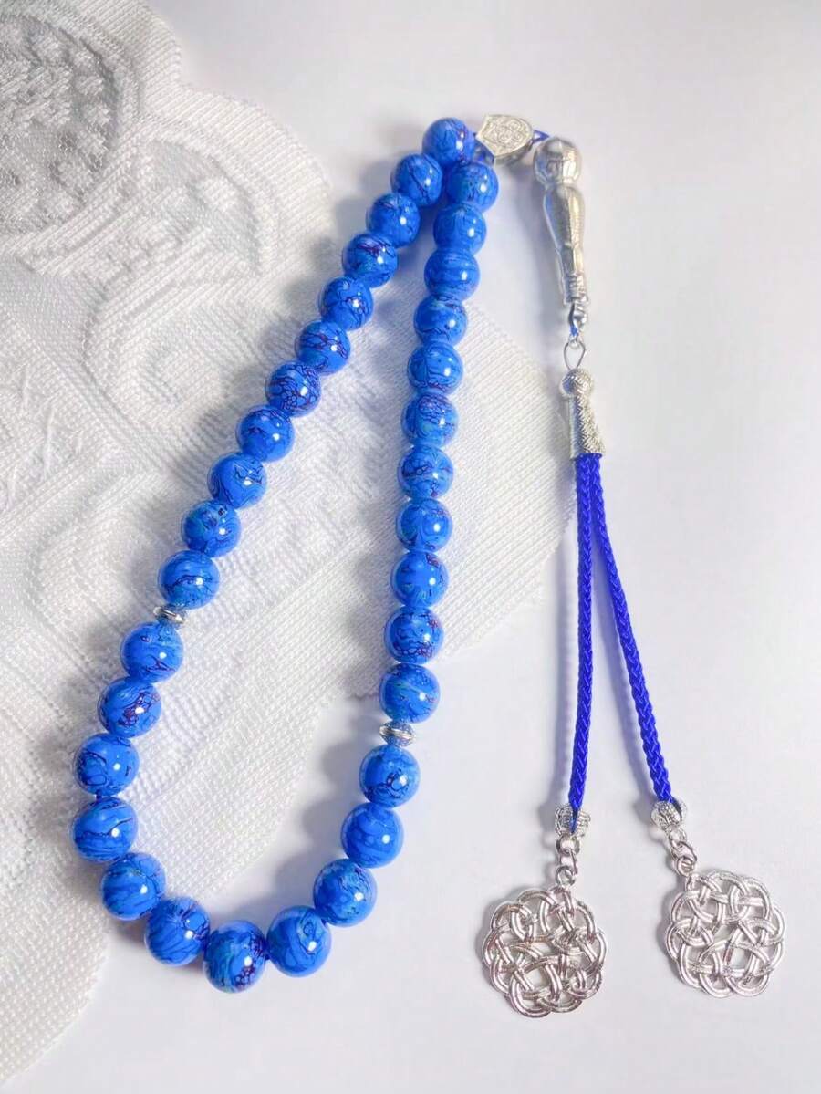 1pc 33-Bead Muslim Prayer Beads Blue Pattern Tasbih Prayer Beads Vintage Silver Decor Handheld Beads - Multicolor - View 1