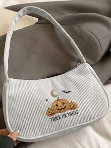 1pc Halloween Jack-O'-Lantern Print Corduroy Shoulder Bag,Underarm Bag, Large Capacity Storage, Zip Closure Y2K Baguette Handbag For Daily Travel Gift - Multicolor - View 12