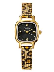 1pc Vintage Quartz Watch For Women, Featuring A Golden Alloy Case, A Small Black Dial, And A Fashionable Leopard-Print Metal Mesh Strap - Black - View 8