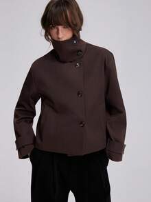 Old Money Style Vintage Minimalist Stand Collar Trench Coat Jacket Suitable For Autumn/Winter - Brown - View 1