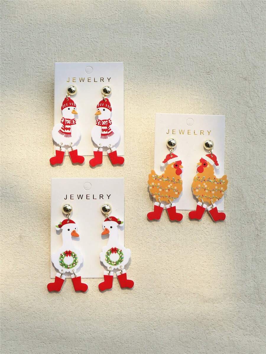 1 Pair Women's Christmas Chicken & Duck Print Acrylic Earrings With ...