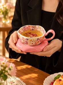 Elegant Floral Pattern Coffee Cup & Saucer Set, Latte Art Cup, Porcelain Tea Set Suitable For Afternoon Tea, Daily Use, Holiday & Birthday Gift - Multicolor - View 13
