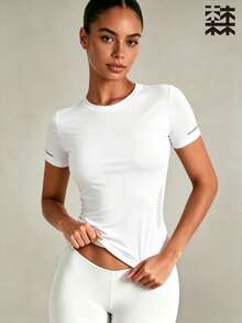 mulinsen Women's Slim Fit Quick-Dry Sports T-Shirt, Round Neck Dotted Print Fitness Running Short Sleeve Top - White - View 5
