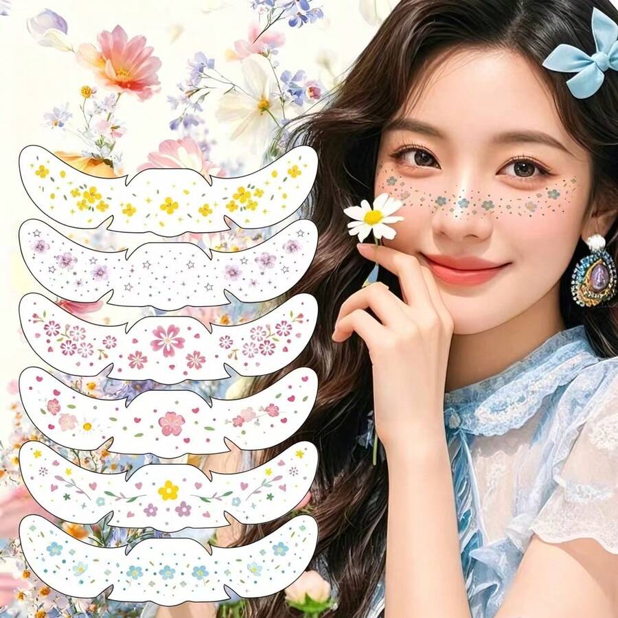 3/2/1pc Random Colorful Floral Face Tattoos; Fresh And Dainty Flower And Butterfly Temporary Tattoo Stickers - Multicolor - View 1