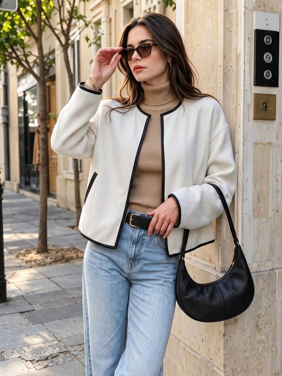 Fall Vintage Off White Contrast Black Trim Round Neck Cropped Jacket, Elegant Women Commuter Tweed Coat, Simple Chic Short Outerwear For Fall Winter - White - View 1