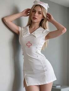 1PC Sexy Waist-Cinching Slimming Nurse Uniform Dress Costume, Suitable For COSPLAY Role Play, Holiday Party Performance Wear, Suitable For All Festivals, Valentine's Day Gift, Daily And Holiday Use - Apricot - View 3