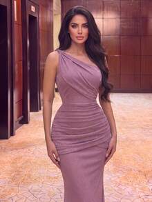Romantic Women's Asymmetrical One-Shoulder Long Mermaid Evening Dress, Elegant Formal Gown With Pleated Details And Zipper, Suitable For Evening Events - Dusty Pink - View 7