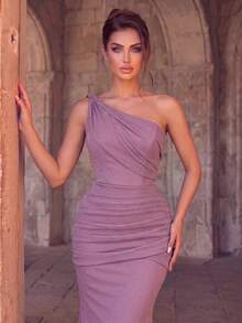 Romantic Women's Asymmetrical One-Shoulder Long Mermaid Evening Dress, Elegant Formal Gown With Pleated Details And Zipper, Suitable For Evening Events - Dusty Pink - View 3