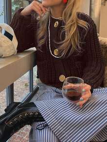 Vellofy Women's Autumn/Winter Chocolate Brown Chunky Knit Cardigan, Round Neck Large Decorative Buttons Long Sleeve Short Length Sweater Jacket With Pockets, Loose Fit Suitable For Daily Commute And Party - Brown - View 9